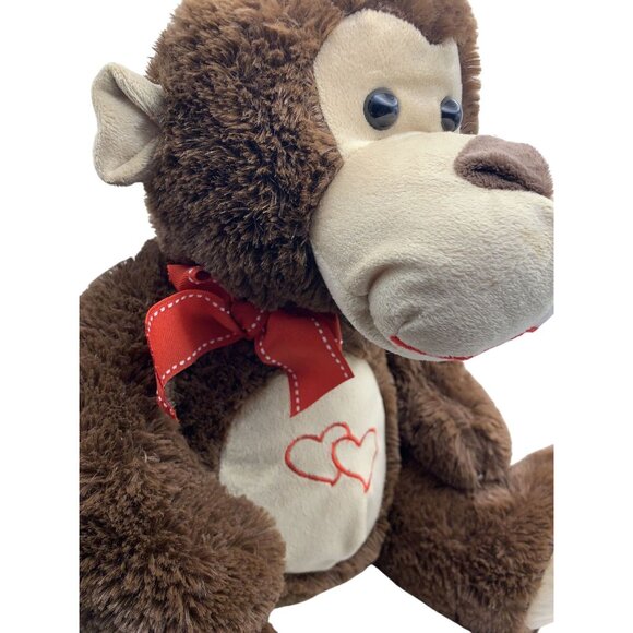 Cuddly Brown Monkey Plush Toy With Red Bow & Heart Embroidery - Ideal For Hugs - Picture 4 of 8